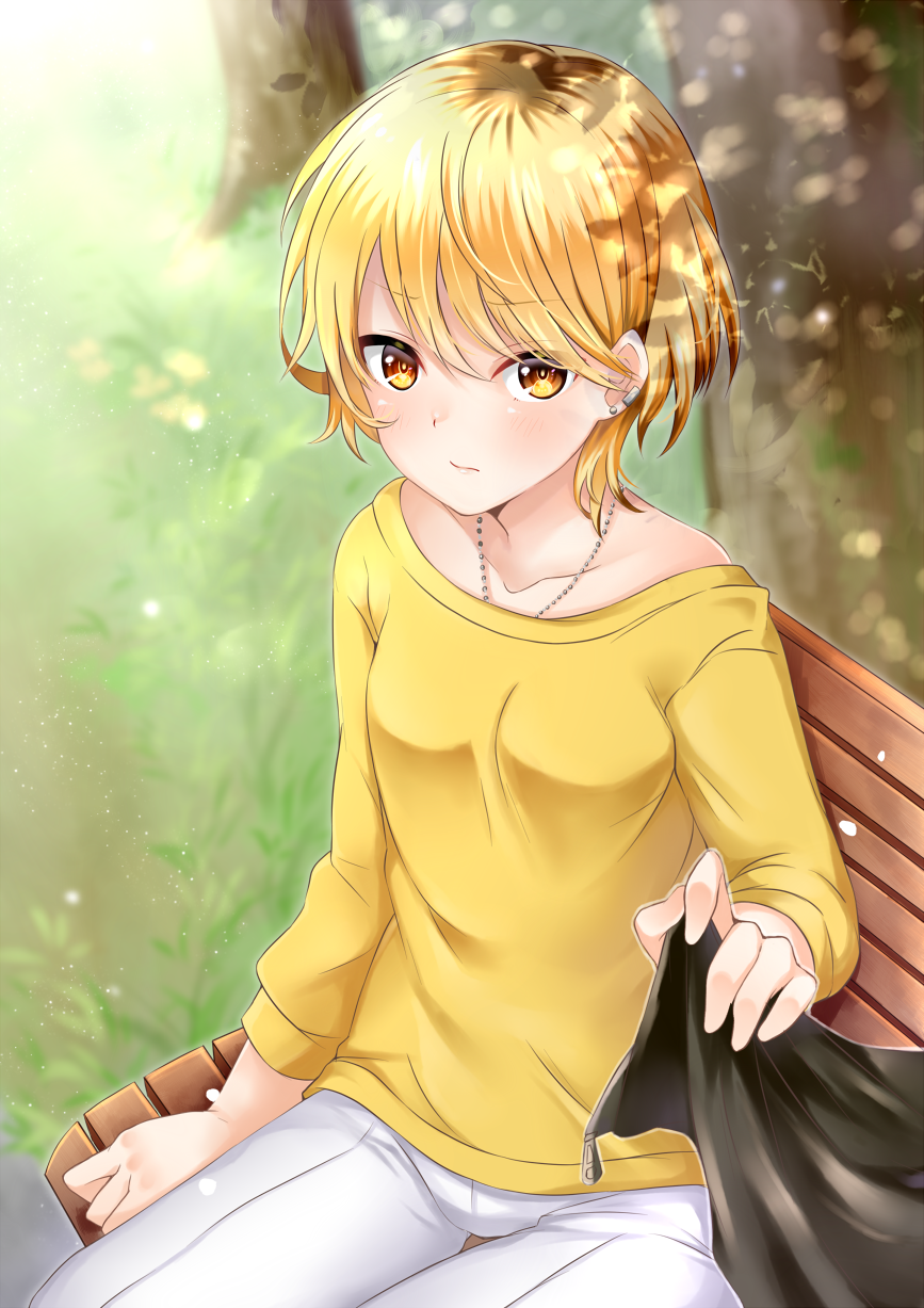 bangs bench blonde_hair blue_eyes blurry blurry_background brown_eyes closed_mouth collarbone commentary commentary_request day depth_of_field ear_piercing earrings eyebrows_visible_through_hair hair_between_eyes highres jewelry long_sleeves looking_at_viewer mashiro_aa necklace on_bench original outdoors pants park_bench partial_commentary piercing shade shirt short_hair sitting sitting_on_bench solo tree tree_shade white_pants yellow_shirt