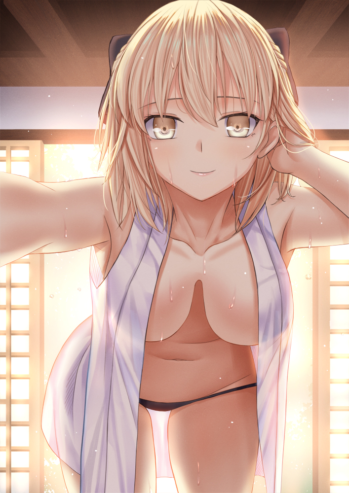 bangs bare_arms bare_shoulders black_bow black_panties blonde_hair blush bow braid breasts brown_eyes closed_mouth collarbone commentary_request cowboy_shot day eyebrows_visible_through_hair fate/grand_order fate_(series) groin hair_between_eyes hair_bow hand_in_hair hanging_breasts indoors japanese_clothes kimono koha-ace leaning_forward medium_breasts navel okita_souji_(fate) okita_souji_(fate)_(all) open_clothes open_kimono outstretched_arm panties sheer_clothes short_kimono sleeveless sleeveless_kimono smile solo sunlight toshi_(1-147) underwear wet wet_hair wet_kimono