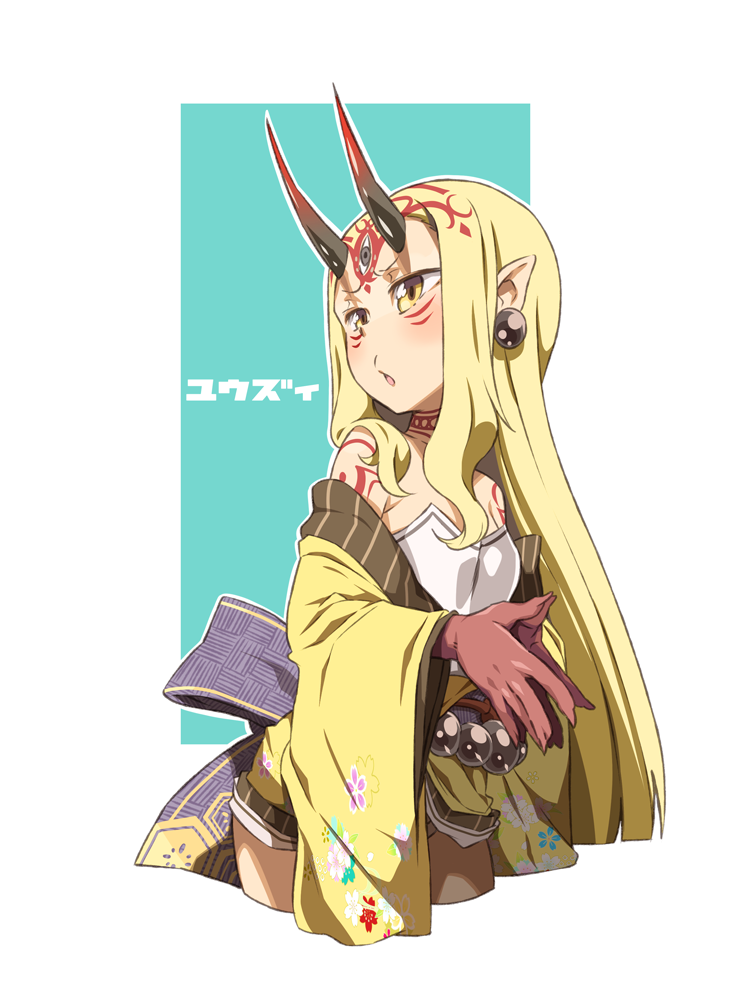 :o beads blonde_hair blush cowboy_shot cropped_legs earrings facial_mark fate/grand_order fate_(series) fingers_together floral_print hands_together horns ibaraki_douji_(fate/grand_order) japanese_clothes jewelry kimono long_hair long_sleeves looking_to_the_side off_shoulder oni oni_horns open_mouth pointy_ears prayer_beads simple_background solo straight_hair third_eye very_long_hair white_background wide_sleeves yellow_eyes yellow_kimono yuuzii