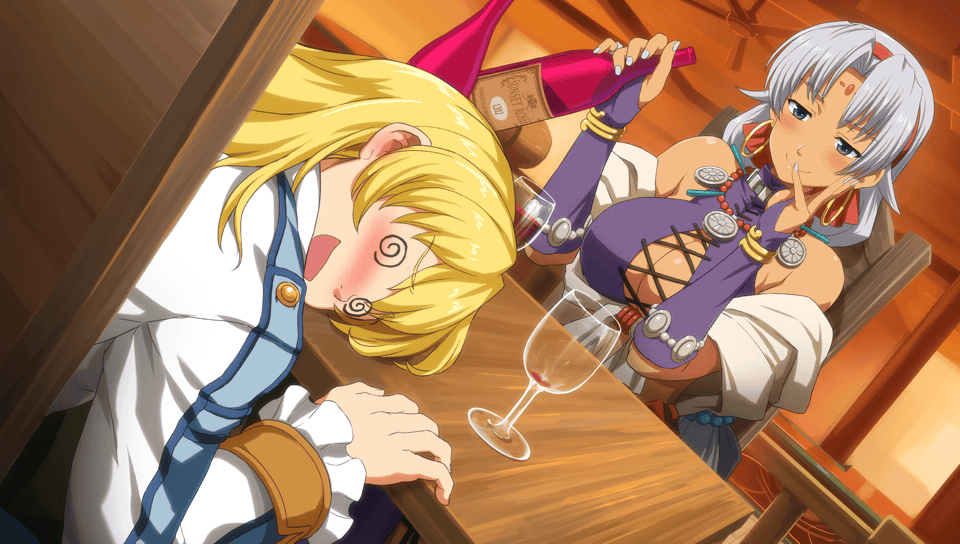 1girl @_@ bangs bare_shoulders blonde_hair blue_eyes blush bottle breasts cleavage_cutout cup dress drinking_glass drunk dutch_angle earrings eiyuu_densetsu facial_mark forehead_mark game_cg hairband halter_top halterneck hand_on_own_face hoop_earrings jewelry large_breasts long_hair long_sleeves looking_at_another midriff multi-tied_hair navel necklace official_art olivier_lenheim open_mouth parted_bangs ponytail scherazard_harvey shirt short_hair silver_hair smile sora_no_kiseki table unconscious wine_bottle wine_glass