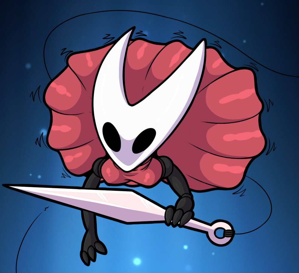arthropod black_chitin breasts chitin clothed clothing dress empty_eyes female hollow_knight hollow_knight_(species) hornet_(hollow_knight) kurtassclear melee_weapon needle solo weapon white_chitin
