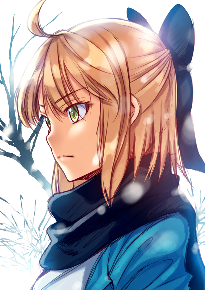 ahoge black_bow black_scarf blonde_hair bow eyebrows_visible_through_hair fate/grand_order fate_(series) green_eyes hair_between_eyes hair_bow hoshi_ichi okita_souji_(fate) okita_souji_(fate)_(all) portrait scarf short_hair snowing solo white_background