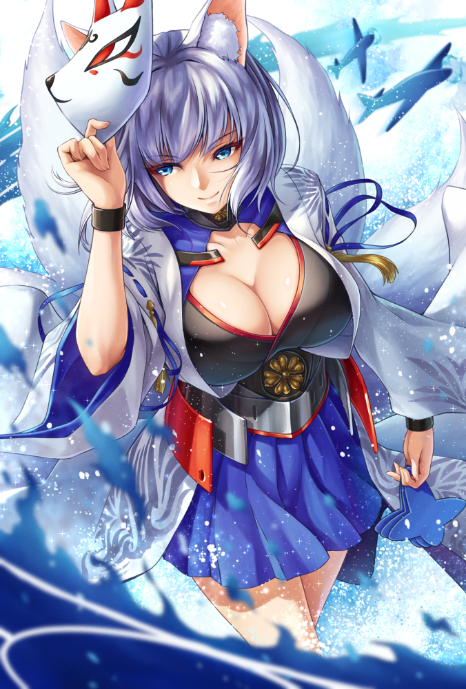 aircraft airplane animal_ear_fluff animal_ears azur_lane bangs blue_eyes blue_hakama breasts cleavage closed_mouth collarbone fox_ears fox_girl fox_mask fox_tail hakama hakama_skirt holding holding_mask japanese_clothes kaga_(azur_lane) large_breasts mask multiple_tails ribbon-trimmed_sleeves ribbon_trim ryou_(pix_gallerio) shikigami short_hair smile solo tail tassel water white_hair wide_sleeves