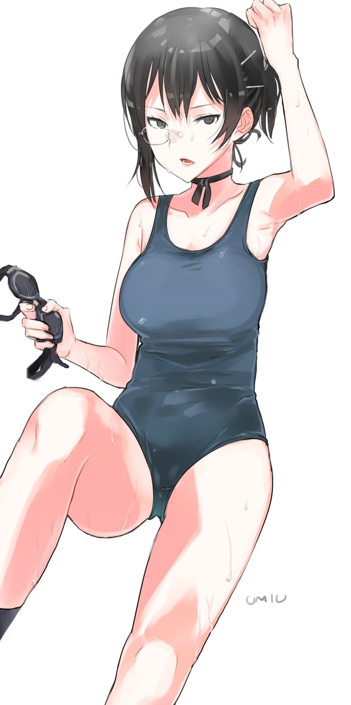 alternate_hairstyle arm_up armpits artist_name bangs black_hair black_legwear black_swimsuit bow_choker collarbone commentary_request crotch_seam girls_und_panzer goggles highres holding holding_goggles kawashima_momo legs lips looking_at_viewer monocle one-piece_swimsuit open_mouth semi-rimless_eyewear short_hair short_ponytail silver-framed_eyewear simple_background sitting socks solo swimsuit umiu_(hoge) under-rim_eyewear wet wet_clothes wet_swimsuit white_background