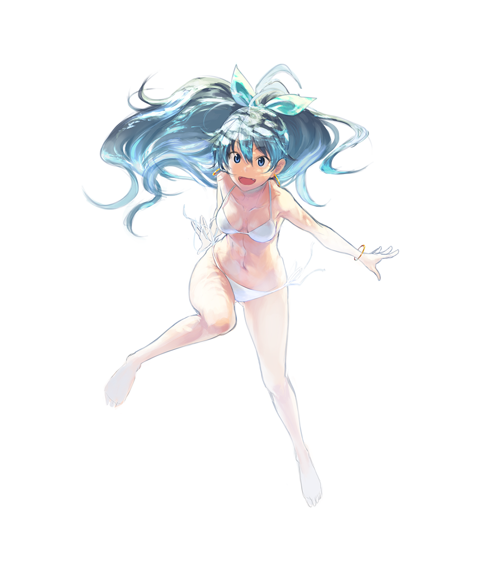 :d ass_visible_through_thighs barefoot bikini blue_bow blue_eyes blue_hair bow bracelet breasts cleavage earrings fang floating_hair full_body ganaha_hibiki hair_between_eyes hair_bow idolmaster idolmaster_(classic) jewelry long_hair looking_at_viewer navel older open_mouth outstretched_arms side-tie_bikini simple_background small_breasts smile solo swimsuit uro_(uro_zi) very_long_hair white_background white_bikini