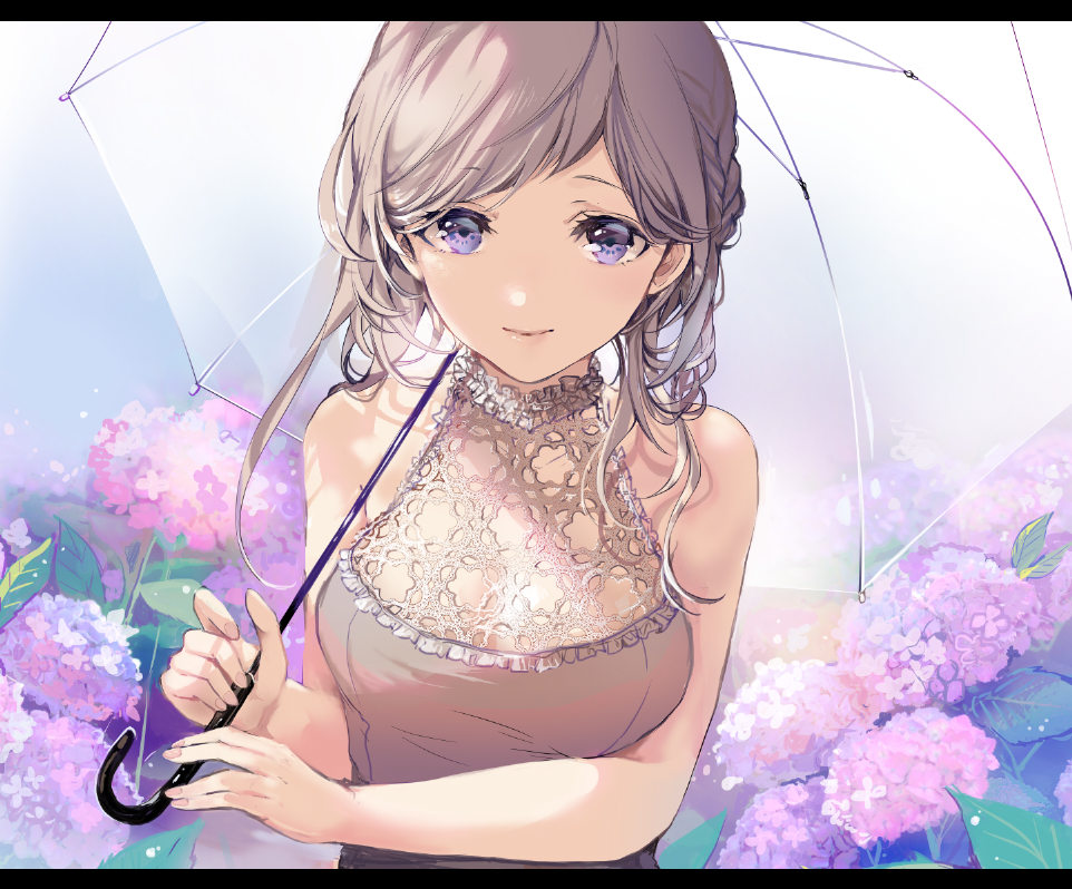 blue_eyes braid commentary flower frills grey_hair holding holding_umbrella hydrangea lace letterboxed looking_at_viewer original outdoors pink_flower purple_eyes purple_flower sakuragi_kei sidelocks sleeveless smile solo transparent transparent_umbrella umbrella upper_body