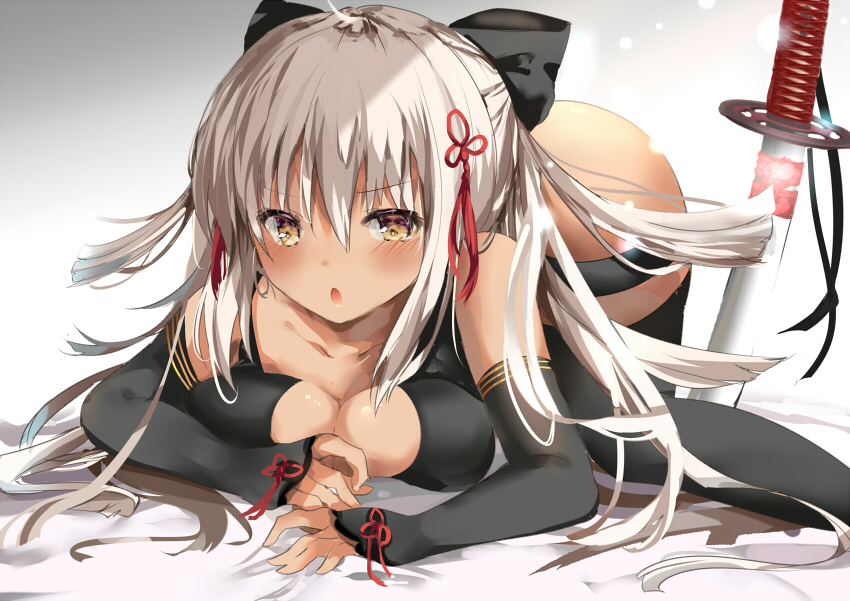 ahoge arm_guards bangs bare_shoulders black_bow black_legwear blush bow breast_press breasts brown_eyes cleavage cleavage_cutout collarbone commentary_request dark_skin eyebrows_visible_through_hair fate/grand_order fate_(series) hair_between_eyes hair_bow hair_ornament katana large_breasts long_hair okita_souji_(alter)_(fate) okita_souji_(fate)_(all) parted_lips planted_sword planted_weapon pon_(ponidrop) silver_hair solo sword tassel thighhighs very_long_hair weapon