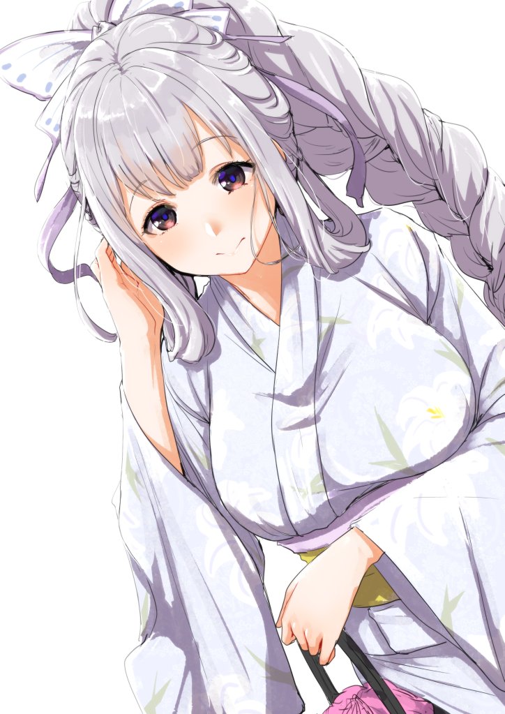 adjusting_hair bangs bow braid character_request clearite commentary_request copyright_request hair_bow japanese_clothes kimono long_hair single_braid white_hair white_kimono