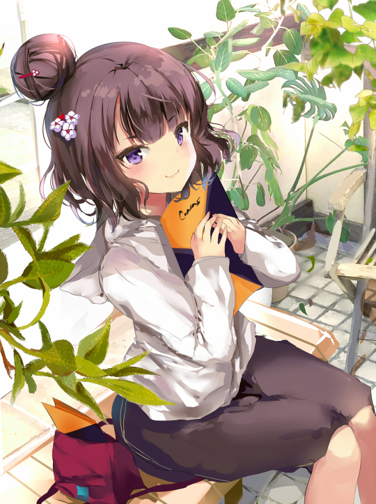 bag bangs bench black_hair black_skirt closed_mouth commentary_request day eyebrows_visible_through_hair fate/grand_order fate_(series) flower hair_bun hair_flower hair_ornament hairclip handbag hands_up hood hood_down hoodie katsushika_hokusai_(fate/grand_order) long_sleeves object_hug outdoors pon_(ponidrop) purple_eyes sitting skirt sleeves_past_wrists smile solo tile_floor tiles white_flower white_hoodie