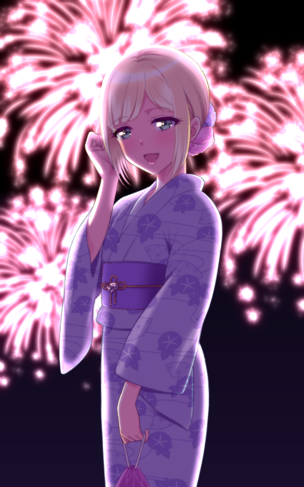 :d aerial_fireworks arm_up backlighting bangs blonde_hair blurry blurry_background blush commentary_request depth_of_field eyebrows_visible_through_hair fireworks green_eyes holding japanese_clothes kimono long_sleeves looking_at_viewer male_focus night night_sky nijisanji obi open_mouth otoko_no_ko print_kimono purple_kimono sash shirihime sky smile solo suzuya_aki unmoving_pattern virtual_youtuber wide_sleeves