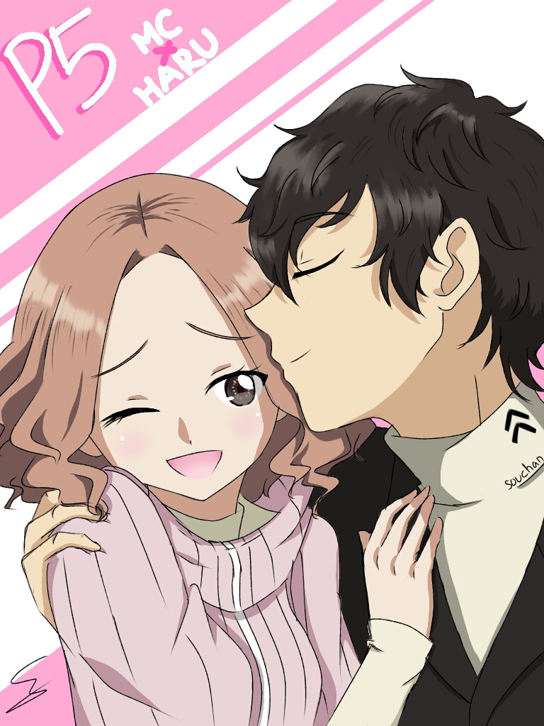 1girl ;d amamiya_ren artist_name black_hair blazer blush brown_hair closed_eyes commentary couple english_commentary jacket okumura_haru one_eye_closed open_mouth persona persona_5 pink_sweater ribbed_sweater smile souchan sweater turtleneck turtleneck_sweater