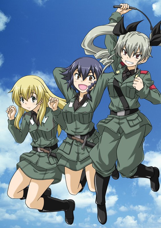 :d anchovy anzio_military_uniform arm_up arms_behind_head bangs belt black_belt black_hair black_ribbon black_shirt blonde_hair boots braid brown_eyes carpaccio clenched_hand closed_mouth cloud cloudy_sky commentary_request day dress_shirt drill_hair eyebrows_visible_through_hair girls_und_panzer green_eyes green_hair grey_jacket grey_pants grey_skirt grin hair_ribbon holding jacket jumping knee_boots knife light_smile long_hair long_sleeves military military_uniform muichimon multiple_girls necktie open_mouth pants pepperoni_(girls_und_panzer) red_eyes ribbon riding_crop sam_browne_belt shirt short_hair side_braid skirt sky smile twin_drills twintails uniform v-shaped_eyebrows w_arms watermark