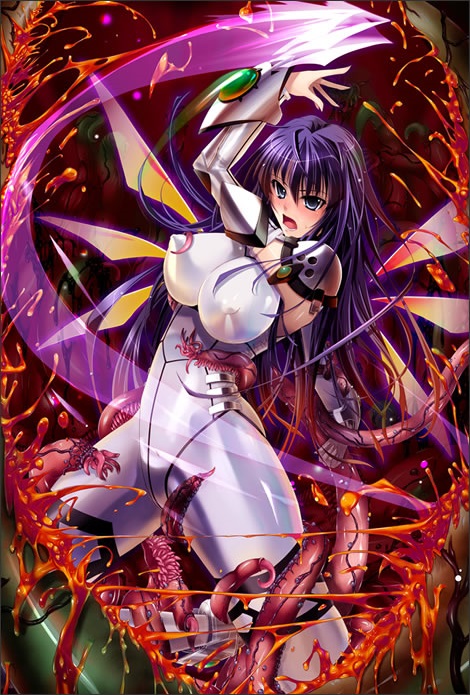 00s 1girl blue_eyes bodysuit breasts erect_nipples erect_nipples_under_clothes fighting gauntlets huge_breasts kagami_hirotaka lilith_mist long_hair looking_at_viewer open_mouth purple_hair shion_(shion) shion_doll-007 shion_~zankoku_na_mahou_no_tenshi~ shoulder_pads solo tentacle tongue white_bodysuit wings