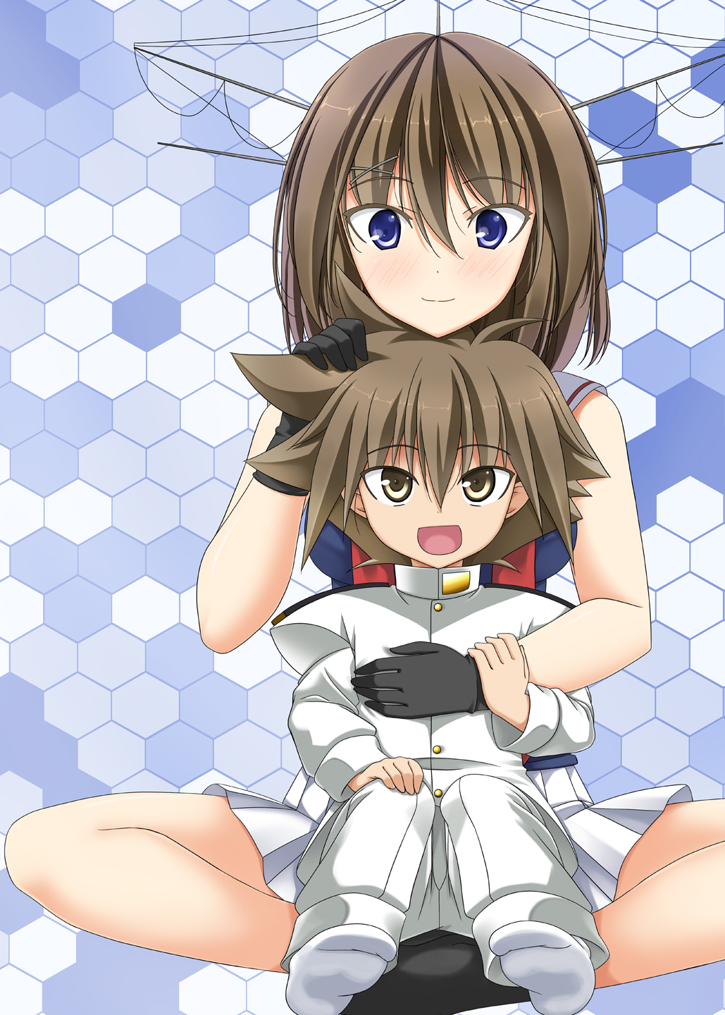 1girl :d black_gloves blue_eyes blush brown_eyes brown_hair commentary epaulettes eyebrows_visible_through_hair gloves hair_between_eyes hair_ornament hairclip hand_on_another's_arm hand_on_another's_chest hand_on_another's_head headgear highres indian_style jacket kantai_collection little_boy_admiral_(kantai_collection) looking_at_viewer looking_up maya_(kantai_collection) military military_uniform open_mouth oversized_clothes rappa_(rappaya) shirt sitting sitting_on_lap sitting_on_person sleeveless sleeveless_shirt sleeves_past_wrists smile socks uniform