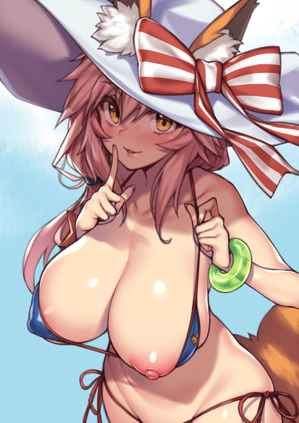animal_ear_fluff animal_ears bikini bikini_pull blue_bikini blush bow bracelet breasts collarbone commentary ears_through_headwear fate/grand_order fate_(series) fox_ears fox_tail fuya_(tempupupu) gradient gradient_background hat hat_bow index_finger_raised jewelry large_breasts long_hair looking_at_viewer nipples one_breast_out open_mouth oppai_challenge pink_hair puffy_nipples side-tie_bikini simple_background smile solo striped striped_bow sun_hat swimsuit tail tamamo_(fate)_(all) tamamo_no_mae_(swimsuit_lancer)_(fate) yellow_eyes