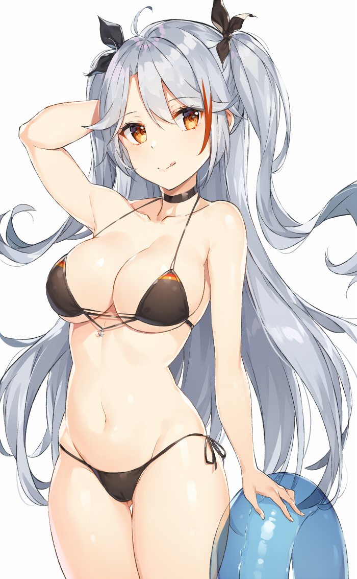 :q alternate_costume anchor_symbol arm_behind_head arm_up ass_visible_through_thighs azur_lane bangs bikini black_bikini black_ribbon blush breasts cameltoe choker cleavage closed_mouth collarbone commentary cowboy_shot eyebrows_visible_through_hair flag_print german_flag_bikini hair_between_eyes hair_ribbon halterneck innertube large_breasts long_hair looking_at_viewer multicolored_hair navel orange_eyes parted_lips prinz_eugen_(azur_lane) red_hair revision ribbon rikoma side-tie_bikini sidelocks signature silver_hair simple_background skindentation smile solo stomach streaked_hair swept_bangs swimsuit thigh_strap tongue tongue_out two-tone_hair two_side_up very_long_hair white_background
