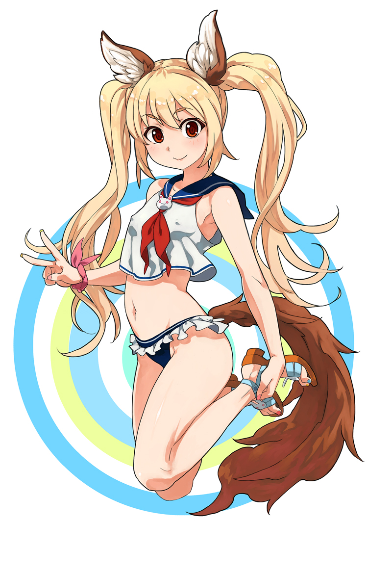 animal_ears armpits bikini_bottom blonde_hair brown_eyes commentary covered_nipples dog_ears dog_tail elin_(tera) legs legs_up long_hair midriff nail_polish navel penguin_caee ribbon sandals school_uniform serafuku shirt sleeveless sleeveless_shirt smile solo swimsuit tail tera_online toes twintails v white_shirt wrist_ribbon