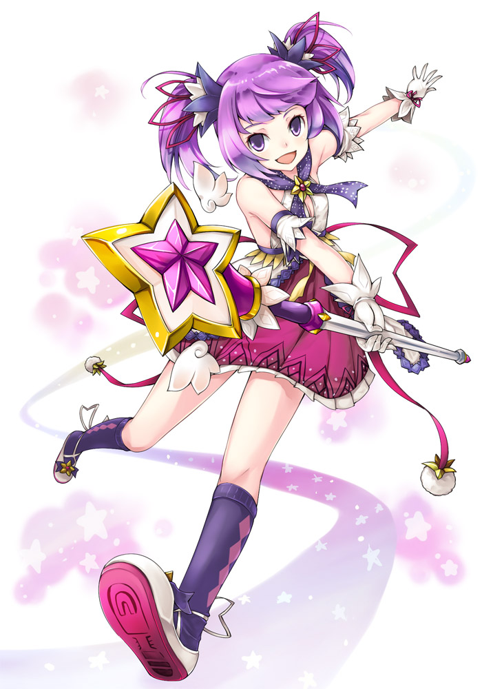 aisha_(elsword) bare_shoulders battle_magician_(elsword) breasts cleavage dress elsword full_body gloves hair_ornament holding holding_wand magical_girl purple_eyes purple_hair sakumo_(karatama) shoes socks solo staff star twintails wand white_gloves wings
