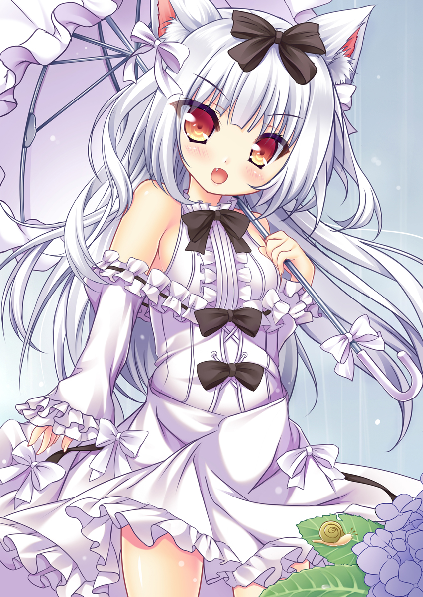 :d animal_ears azur_lane bangs bare_shoulders black_bow blush bow breasts cat_ears center_frills dress eyebrows_visible_through_hair fang fingernails flower frilled_dress frilled_umbrella frills hair_between_eyes hair_bow hand_up highres holding holding_umbrella leaf long_hair long_sleeves looking_at_viewer medium_breasts moyasi06_25 off-shoulder_dress off_shoulder open_mouth rain red_eyes silver_hair sleeves_past_wrists smile snail solo two_side_up umbrella v-shaped_eyebrows very_long_hair white_bow white_dress white_flower white_umbrella yukikaze_(azur_lane)