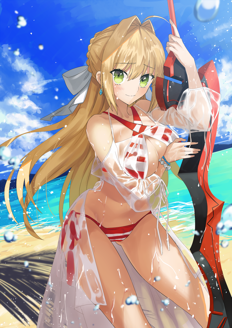 aestus_estus ahoge alternate_hair_length alternate_hairstyle arm_up ashiwara_yuu bangs bare_shoulders beach bikini blue_eyes blue_sky braid breasts bubble cleavage closed_mouth cloud collarbone commentary_request criss-cross_halter day eyebrows_visible_through_hair fate/grand_order fate_(series) green_eyes hair_between_eyes hair_intakes halterneck hand_up holding holding_sword holding_weapon large_breasts long_hair long_sleeves looking_at_viewer nero_claudius_(fate)_(all) nero_claudius_(swimsuit_caster)_(fate) ocean outdoors puffy_long_sleeves puffy_sleeves sand see-through side-tie_bikini sky smile solo striped striped_bikini swimsuit sword very_long_hair water weapon