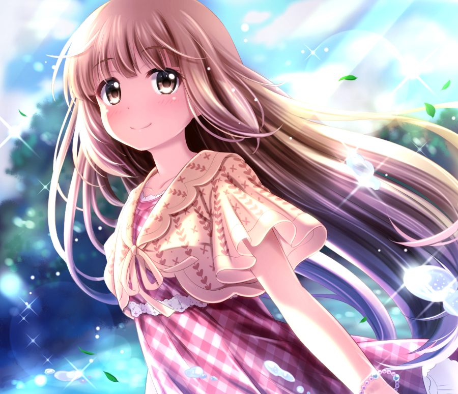 ayase_midori bangs blue_sky blurry blurry_background blush bracelet brown_eyes brown_hair closed_mouth cloud cloudy_sky commentary_request day depth_of_field dress eyebrows_visible_through_hair idolmaster idolmaster_cinderella_girls idolmaster_cinderella_girls_starlight_stage jewelry leaf long_hair outdoors plaid plaid_dress red_dress sky smile solo very_long_hair water yorita_yoshino