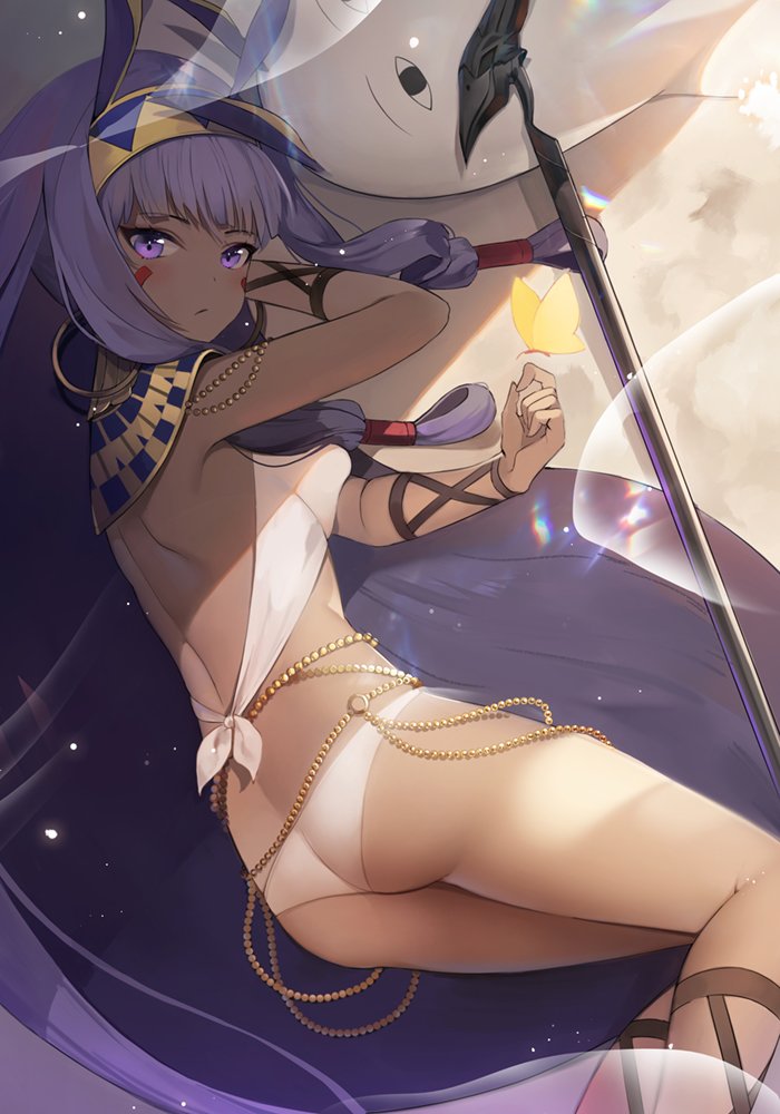 animal_ears ass bangs bikini blunt_bangs bug butterfly commentary earrings facial_mark fate/grand_order fate_(series) insect jackal_ears jewelry lens_flare long_hair looking_at_viewer lying medjed nitocris_(fate/grand_order) nitocris_(swimsuit_assassin)_(fate) on_side purple_eyes purple_hair shoulder_blades solo swimsuit very_long_hair yumaomi