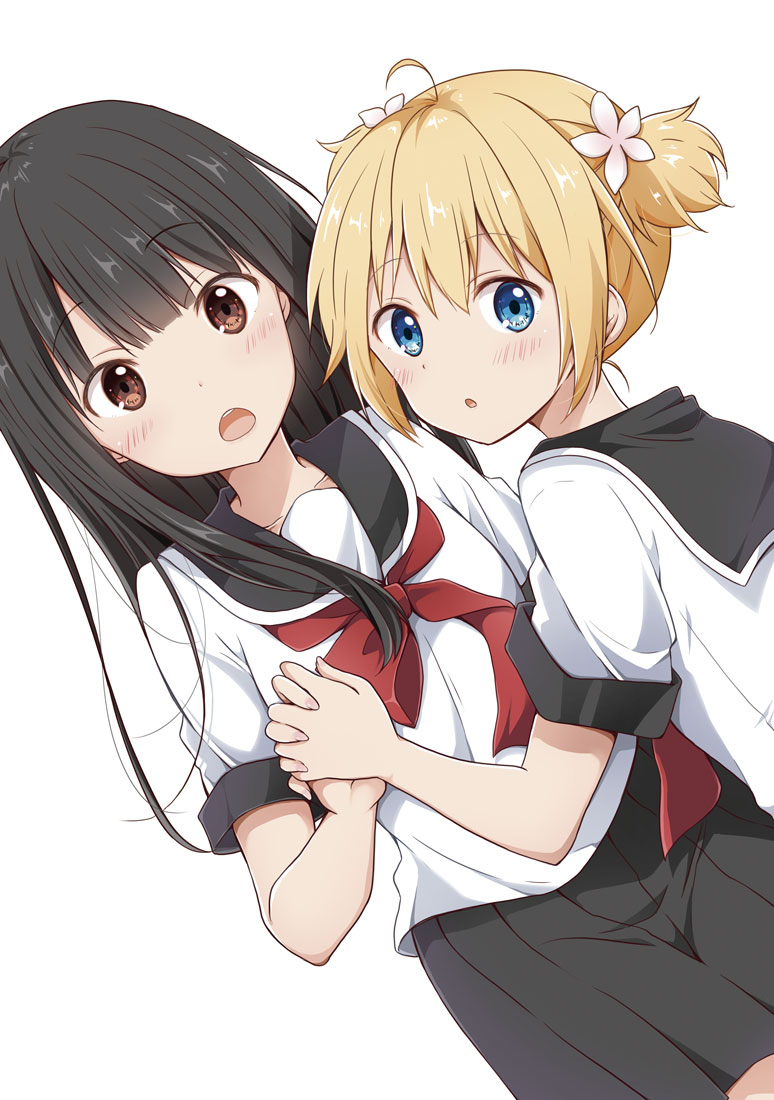 :o ahoge bangs black_hair black_sailor_collar black_skirt blonde_hair blue_eyes blush brown_eyes chijou_noko chikanoko collarbone dutch_angle eyebrows_visible_through_hair hair_between_eyes looking_at_viewer looking_back multiple_girls neckerchief parted_lips pleated_skirt ragho_no_erika red_neckwear sailor_collar school_uniform serafuku shirt short_hair short_sleeves short_twintails sidelocks simple_background skirt twintails uchino_chika white_background white_shirt