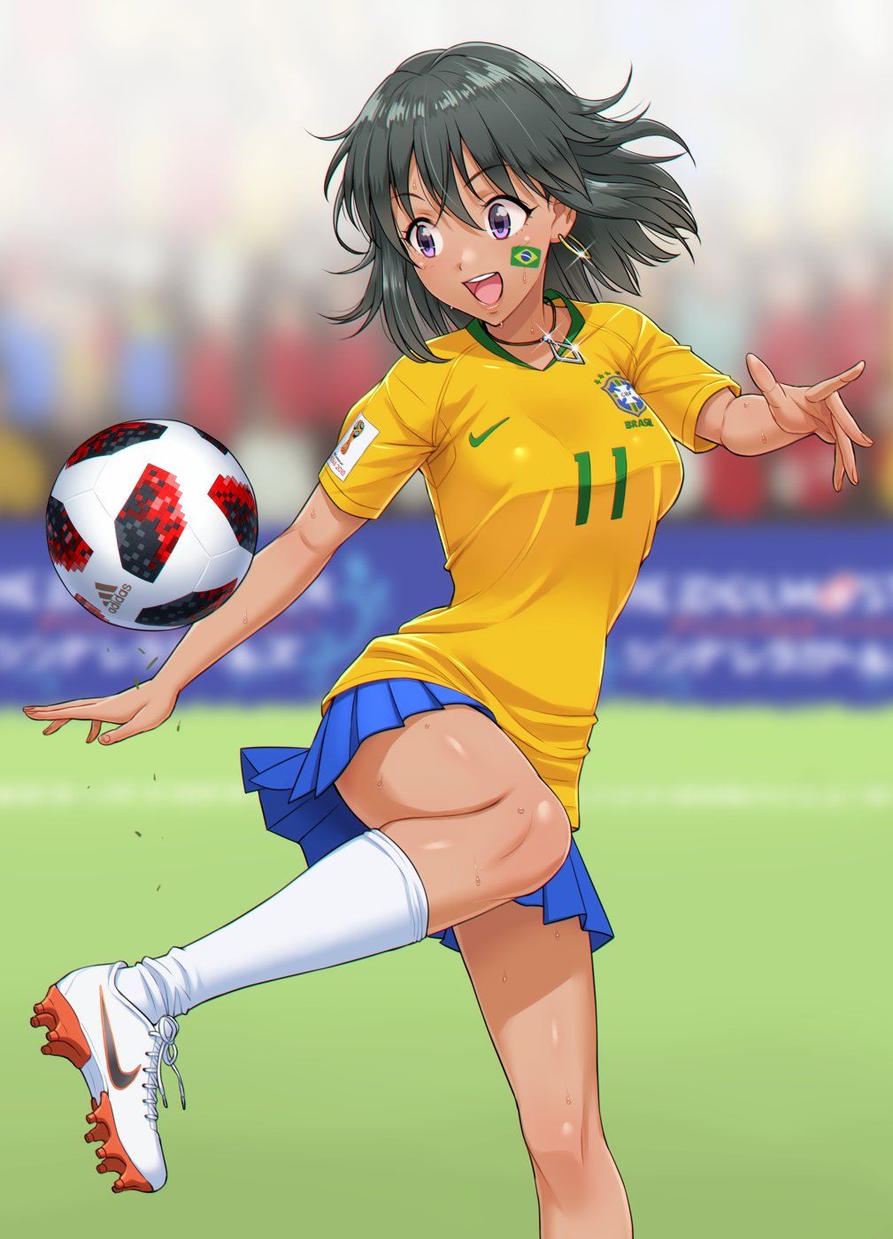 2018_fifa_world_cup adidas ball blurry brazil brazilian brazilian_flag cleats commentary depth_of_field earrings grass grey_hair highres idolmaster idolmaster_cinderella_girls jersey jewelry kicking natalia_(idolmaster) necklace nigou nike open_mouth portuguese_commentary purple_eyes shoelaces skirt soccer soccer_ball soccer_uniform sportswear sweat telstar_18 world_cup