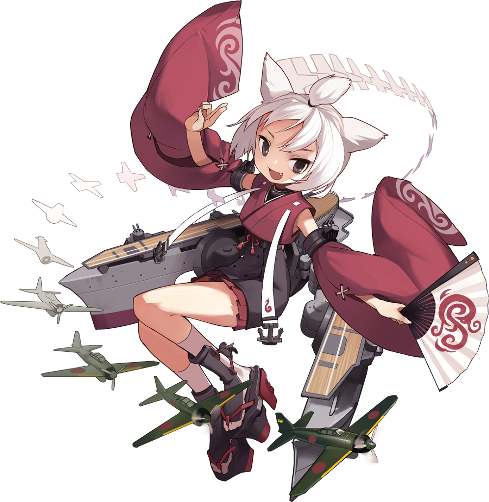 :d aircraft airplane anchor animal_ears azur_lane black_eyes brown_eyes detached_sleeves fan fang flight_deck folding_fan full_body holding holding_fan japanese_clothes jong_tu jumping kimono long_sleeves looking_at_viewer looking_to_the_side machinery official_art open_mouth platform_footwear ponytail shikigami short_hair shouhou_(azur_lane) smile solo transparent_background v-shaped_eyebrows white_hair wide_sleeves