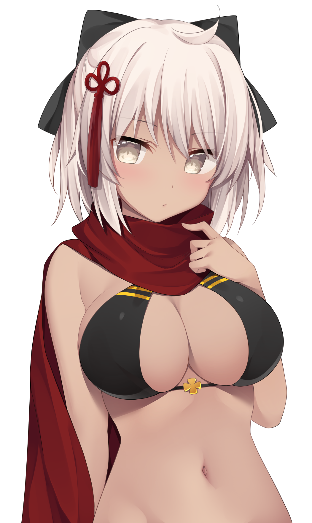 ahoge bangs bare_shoulders black_bikini_top black_bow bow breasts cleavage closed_mouth commentary dark_skin eyebrows_visible_through_hair fate/grand_order fate_(series) hair_between_eyes hair_bow highres large_breasts miko_92 navel okita_souji_(alter)_(fate) okita_souji_(fate)_(all) red_scarf scarf solo tassel tied_hair white_background white_eyes white_hair