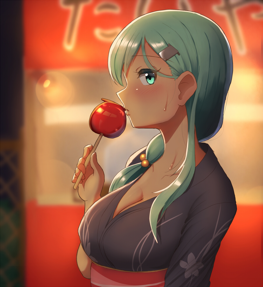 aqua_hair bangs blurry blurry_background blush breasts candy_apple cleavage collarbone commentary depth_of_field eyebrows_visible_through_hair festival food from_side green_eyes hair_ornament hairclip japanese_clothes kantai_collection kimono large_breasts long_hair looking_at_viewer maku_ro night obi open_mouth outdoors sash sidelocks solo suzuya_(kantai_collection) sweatdrop yukata