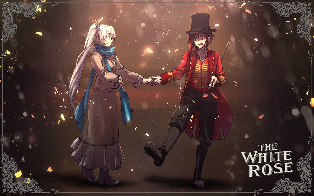 baton_(instrument) boots circus commentary_request cravat hat holding_hands jacket long_skirt multiple_girls protected_link red_hair ruby_rose rwby scarf skirt the_greatest_showman top_hat tsuta_no_ha weiss_schnee white_hair