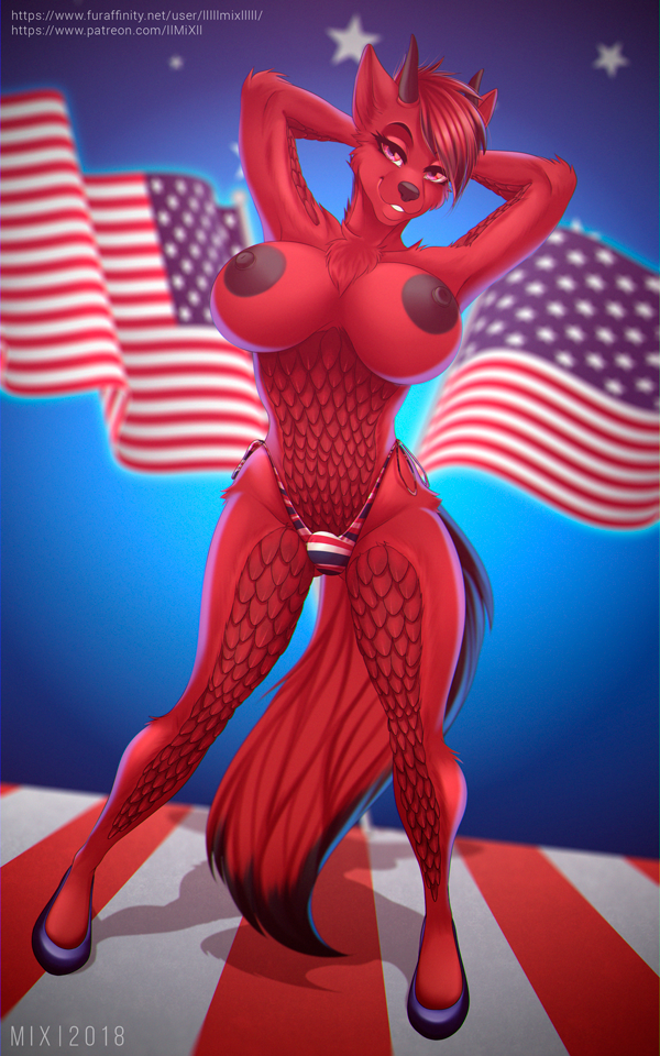 big_breasts bikini bikini_bottom breasts bulge canine clothed clothing dickgirl dragon footwear fur huge_breasts hybrid intersex llmixll mammal nipples red_fur red_scales scales solo stars_and_stripes swimsuit topless united_states_of_america wolf