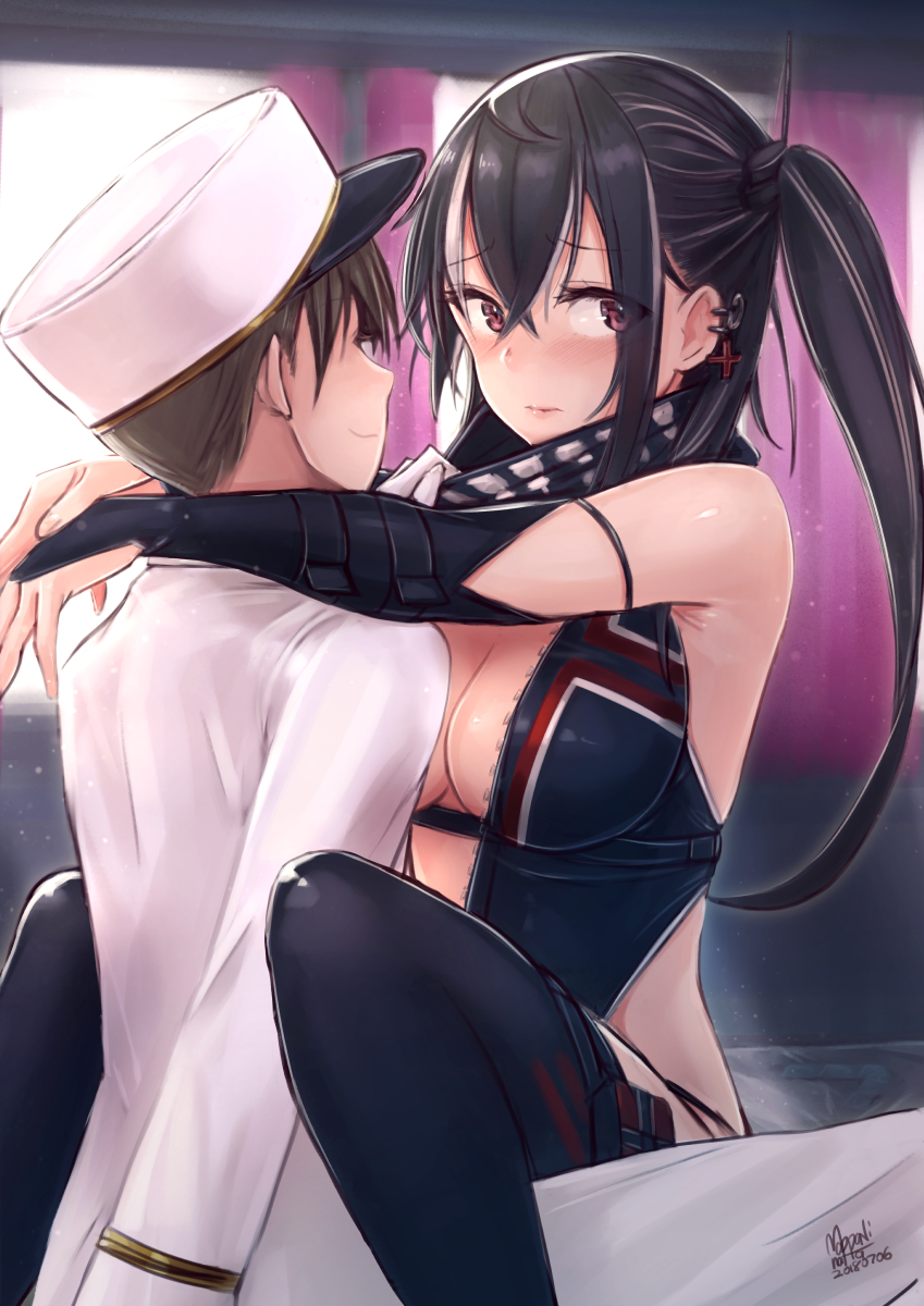 1girl arm_strap azur_lane bare_shoulders black_gloves black_hair black_legwear blush breasts brown_hair cleavage cleavage_cutout closed_mouth commander_(azur_lane) cross cross_earrings dated earrings elbow_gloves eyebrows_visible_through_hair eyes_visible_through_hair front_zipper_swimsuit gloves hair_between_eyes hat highres implied_sex indoors iron_cross jewelry large_breasts lips long_hair looking_at_viewer looking_to_the_side mappaninatta meme_attire military military_hat military_uniform multicolored_hair naval_uniform one-piece_swimsuit one_side_up peaked_cap red_eyes short_hair sidelocks signature smile streaked_hair swimsuit thighhighs u-47_(azur_lane) uniform unzipped white_hair window