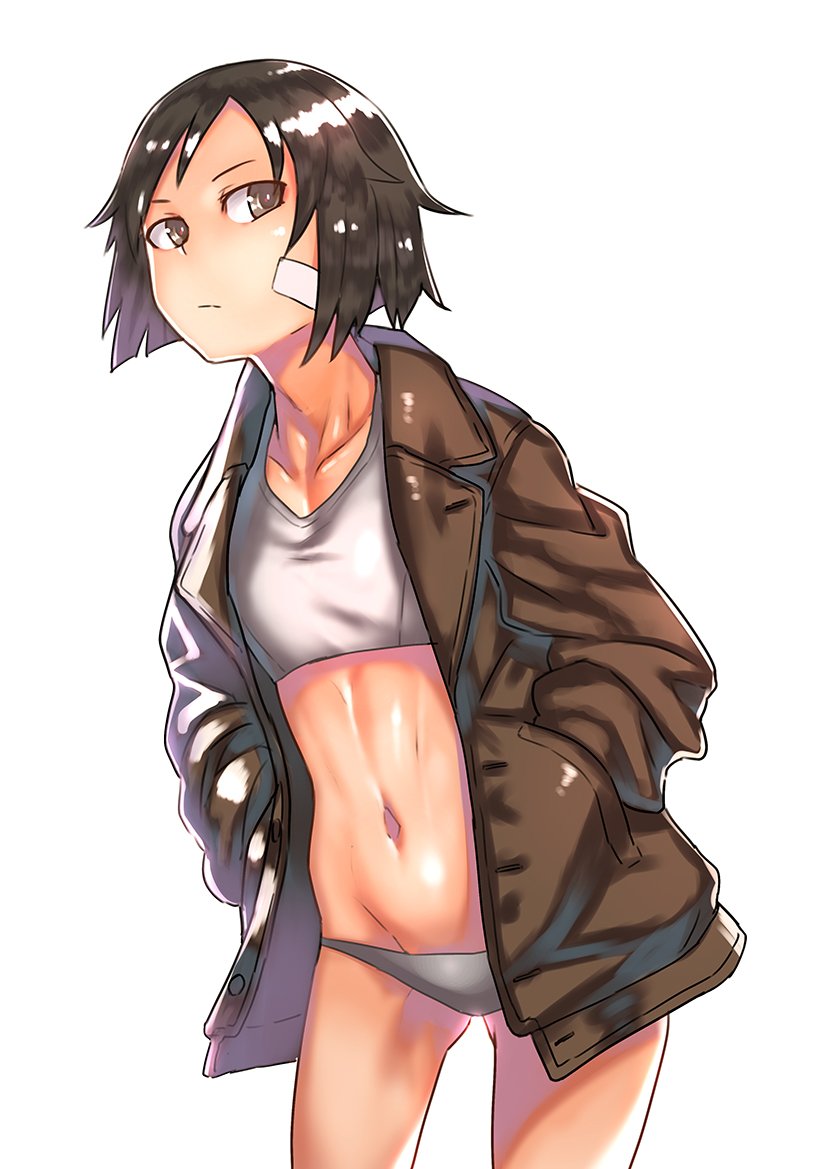 ass_visible_through_thighs bandage_on_face bandaid bandaid_on_face bangs black_eyes black_hair bra brave_witches brown_jacket closed_mouth collarbone commentary cowboy_shot frown grey_bra grey_panties hands_in_pockets jack_hamster jacket kanno_naoe leaning_forward looking_at_viewer navel open_clothes open_jacket panties short_hair simple_background solo sports_bra standing underwear white_background world_witches_series