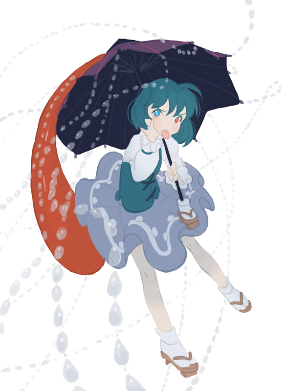 :p akanbe blue_eyes blue_hair blue_skirt blue_vest commentary_request cross-laced_clothes danmaku dot_nose flat_color floating frilled_sleeves frills full_body furrowed_eyebrows geta hands_up heterochromia holding holding_umbrella juliet_sleeves long_sleeves looking_at_viewer puffy_sleeves red_eyes sandals seeker shirt short_hair skirt socks solo tabi tatara_kogasa tongue tongue_out touhou umbrella undershirt vest white_background white_shirt