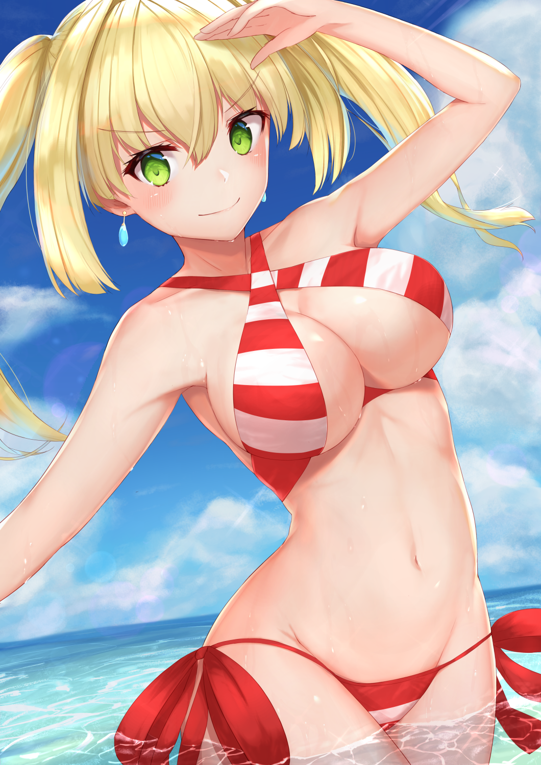 ahoge bangs bare_shoulders beach bikini blonde_hair blush breasts cleavage collarbone commentary_request criss-cross_halter day earrings eyebrows_visible_through_hair fate/extra fate/grand_order fate_(series) green_eyes hair_between_eyes hair_intakes halter_top halterneck hand_up highres hips jewelry large_breasts long_hair looking_at_viewer navel nero_claudius_(fate)_(all) nero_claudius_(swimsuit_caster)_(fate) ocean red_bikini reuri_(tjux4555) side-tie_bikini solo striped striped_bikini swimsuit twintails wading
