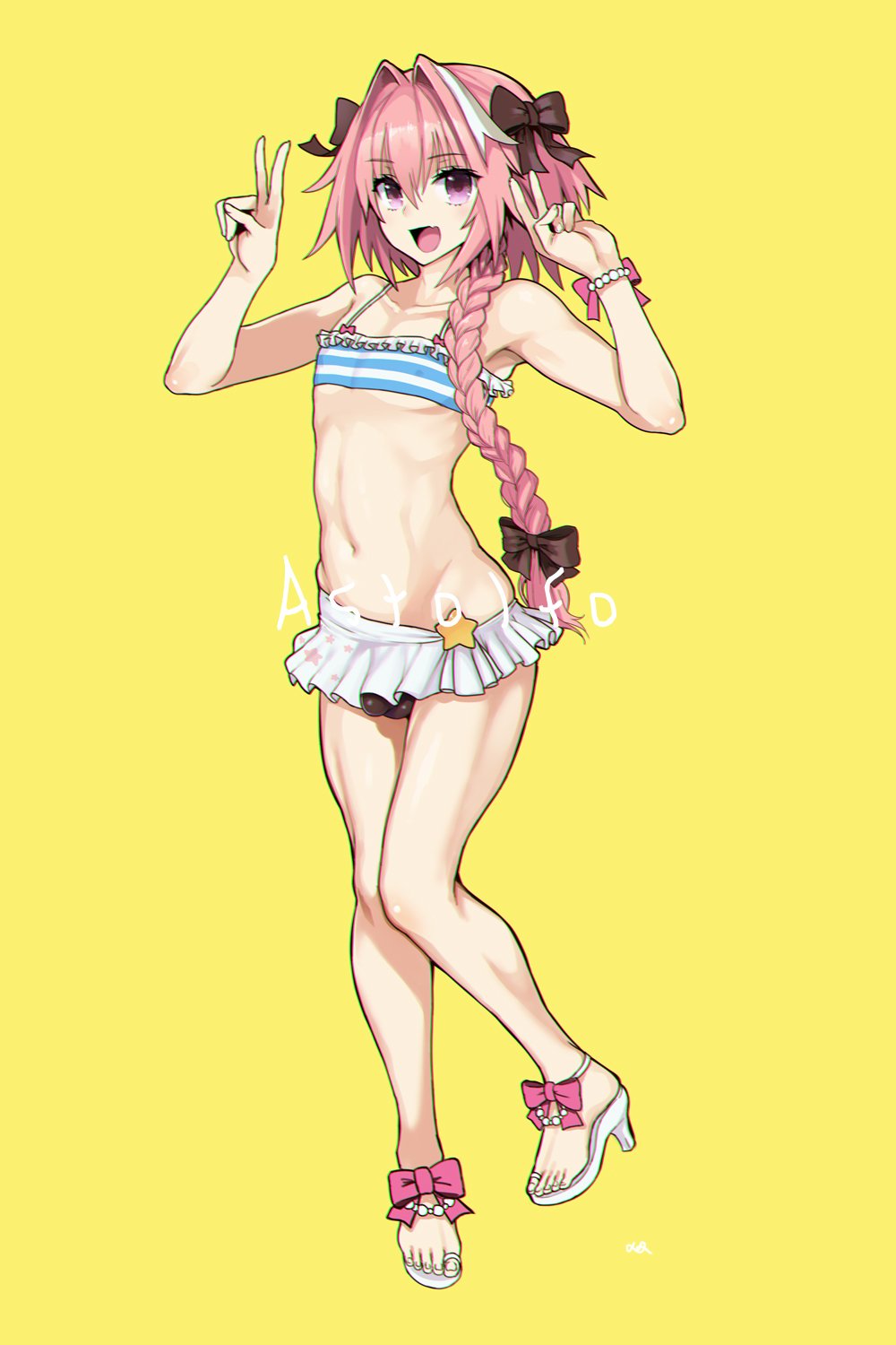ankle_bow ankle_ribbon armpits astolfo_(fate) bangs bare_shoulders bead_bracelet beads black_bow black_panties black_ribbon bow bracelet braid bulge character_name collarbone covered_nipples crop_top double_v eyebrows_visible_through_hair fang fate/extella_link fate/grand_order fate_(series) frills full_body groin hair_between_eyes hair_intakes hair_over_shoulder hair_ribbon hands_up high_heels highres jewelry knees_together_feet_apart legs long_braid long_hair looking_at_viewer male_focus meme50 microskirt multicolored_hair navel open_mouth otoko_no_ko panties pantyshot pantyshot_(standing) pink_bow pink_hair pleated_skirt purple_eyes ribbon sandals sidelocks simple_background single_braid skirt smile solo spaghetti_strap standing standing_on_one_leg stomach streaked_hair toenails toes underwear v white_footwear white_hair wrist_bow yellow_background yellow_eyes