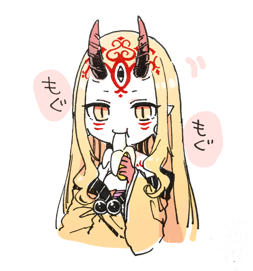 :t banana bare_shoulders blonde_hair closed_mouth eating facial_mark fate/grand_order fate_(series) food forehead_mark fruit holding holding_food horns ibaraki_douji_(fate/grand_order) japanese_clothes kimono long_hair long_sleeves looking_at_viewer oni oni_horns orange_eyes sofra solo very_long_hair white_background wide_sleeves yellow_kimono