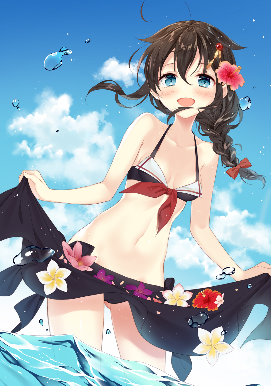 adapted_costume ahoge ass_visible_through_thighs bikini black_bikini black_bikini_bottom black_bikini_top blue_eyes blush braid breasts brown_hair cameltoe cloud collarbone commentary day flower front-tie_bikini front-tie_top hair_between_eyes hair_flaps hair_flower hair_ornament hair_ribbon highres kantai_collection long_hair looking_at_viewer naoto_(tulip) navel open_mouth remodel_(kantai_collection) ribbon sarong sarong_lift shigure_(kantai_collection) single_braid sky small_breasts smile solo splashing swimsuit wading water
