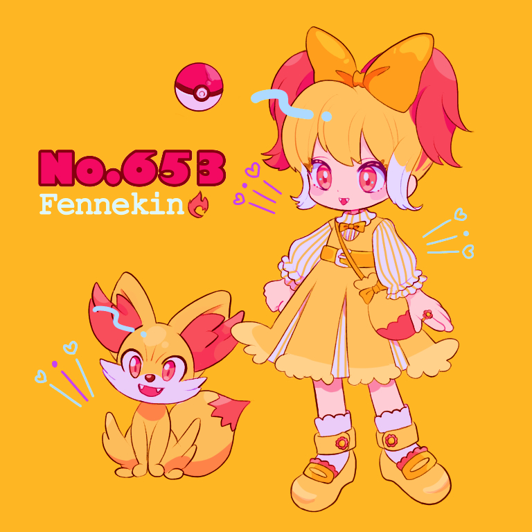 :d bag blonde_hair bow character_name chibi dress fangs fennekin fire hair_bow handbag hat mameeekueya moemon multicolored_hair open_mouth personification poke_ball pokemon pokemon_(creature) puffy_sleeves red_eyes red_hair simple_background smile socks solo standing two-tone_hair white_hat white_legwear yellow_background yellow_bow yellow_dress yellow_footwear