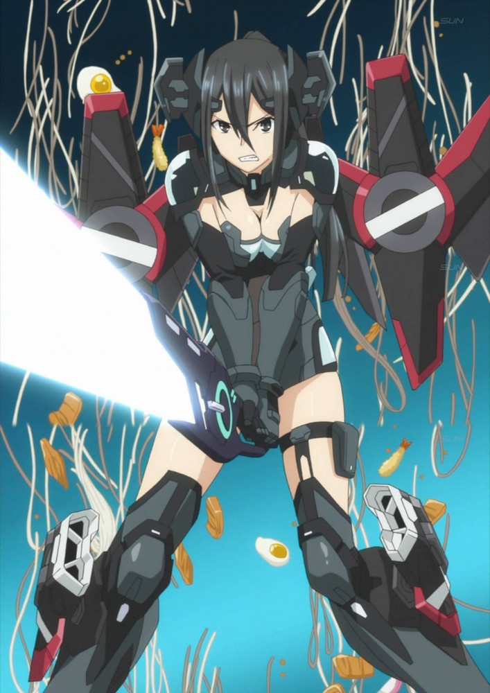 1girl angry black_eyes black_hair bodysuit breasts cleavage cleavage_cutout clenched_teeth date_a_live female food hair_between_eyes headgear holding holding_sword holding_weapon kusakabe_ryouko kusakabe_ryouko_(date_a_live) leotard long_hair looking_at_viewer mecha_musume mechanical_wings medium_breasts noodles ponytail revealing_clothes serious solo sword teeth weapon wings