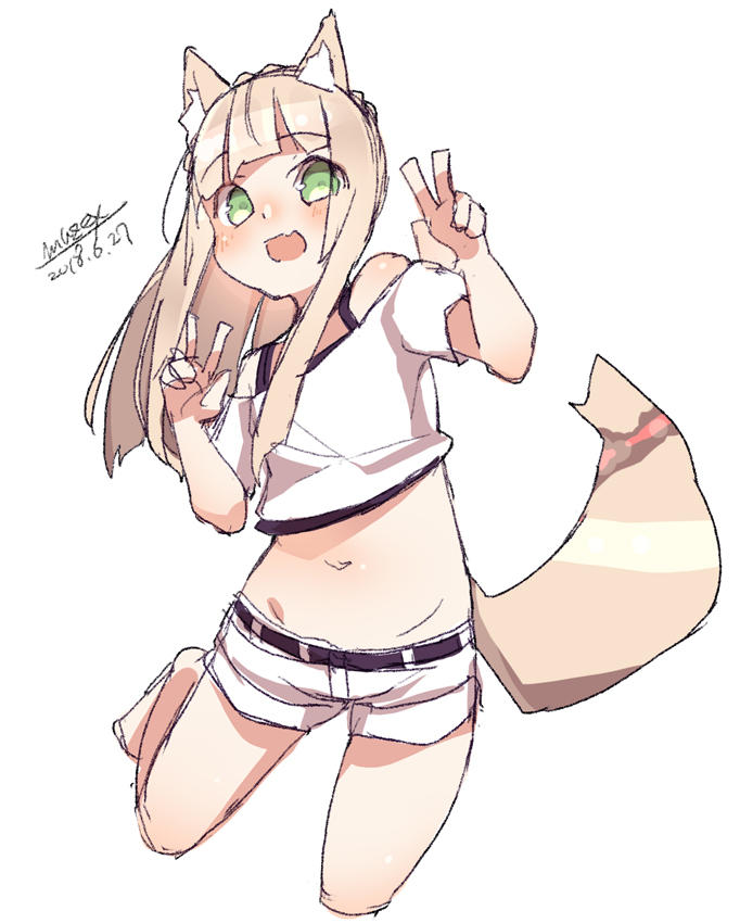 :d animal_ears bangs bare_shoulders belt black_belt blush cropped_legs dated double_v eyebrows_visible_through_hair fang fox_ears fox_girl fox_tail green_eyes hands_up light_brown_hair long_hair maze_(gochama_ze_gohan) midriff navel off-shoulder_shirt open_mouth original shirt short_shorts short_sleeves shorts signature simple_background sketch smile solo standing standing_on_one_leg tail tail_raised v white_background white_shirt white_shorts