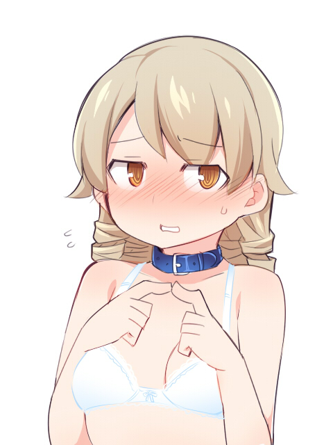 bangs bare_arms bare_shoulders belt_buckle belt_collar blue_collar blush bow bow_bra bra breasts brown_eyes buckle collarbone eyebrows_visible_through_hair fingers_together flying_sweatdrops hands_up idolmaster idolmaster_cinderella_girls light_brown_hair long_hair looking_at_viewer morikubo_nono no_shirt nose_blush simple_background small_breasts solo sweat underwear ushi white_background white_bra