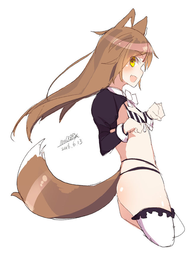 :d animal_ears bangs bikini blush brown_hair cropped_legs dated eyebrows_visible_through_hair fang fox_ears fox_tail hair_between_eyes hands_up juliet_sleeves long_hair long_sleeves maze_(gochama_ze_gohan) open_mouth original profile puffy_sleeves shrug_(clothing) signature simple_background sketch smile solo striped swimsuit tail thighhighs vertical-striped_bikini vertical_stripes very_long_hair white_background white_legwear yellow_eyes