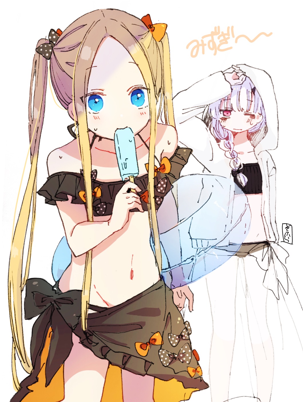 abigail_williams_(fate/grand_order) alternate_hairstyle arm_up bangs bare_shoulders bikini black_bikini black_bow blonde_hair blue_eyes blue_innertube blush bow braid closed_mouth collarbone eating eyebrows_visible_through_hair fate/grand_order fate_(series) food forehead hair_bow hair_over_shoulder halter_top halterneck highres holding holding_food holding_innertube hood hood_up hooded_jacket innertube jacket lavinia_whateley_(fate/grand_order) long_hair long_sleeves multiple_girls navel open_clothes open_jacket orange_bow parted_bangs pink_eyes polka_dot polka_dot_bow popsicle purple_hair sarong sidelocks sleeves_past_wrists sofra swimsuit transparent twintails very_long_hair white_jacket