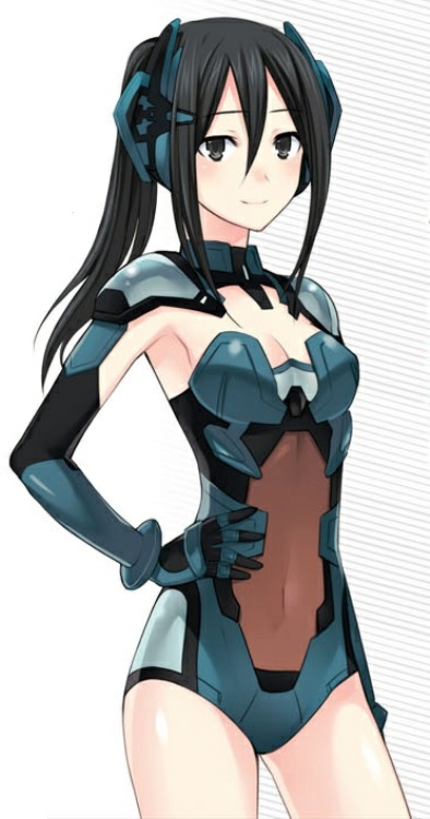 1girl black_eyes black_hair bodysuit breasts cleavage cleavage_cutout closed_mouth date_a_live female hair_between_eyes headgear kusakabe_ryouko kusakabe_ryouko_(date_a_live) leotard long_hair looking_at_viewer mecha_musume medium_breasts ponytail revealing_clothes smile solo standing
