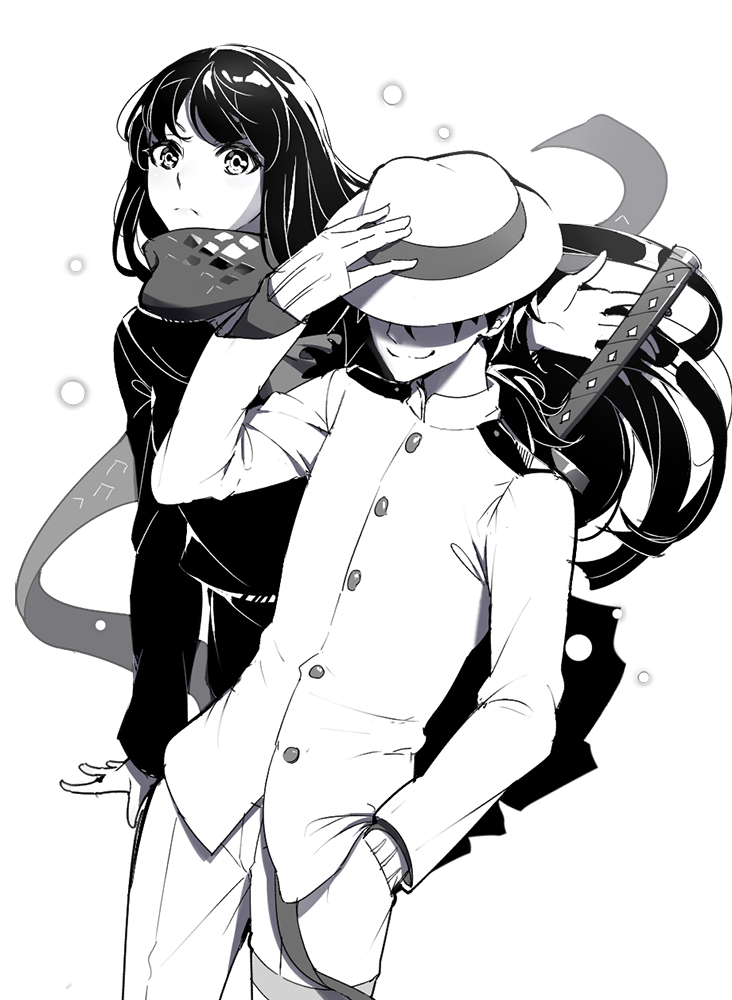 1girl arm_up bangs closed_mouth covered_eyes facing_viewer fate/grand_order fate_(series) gloves greyscale hand_in_pocket hand_on_headwear hat jacket katana long_hair long_sleeves looking_at_viewer monochrome oryou_(fate) pants ririko_(zhuoyandesailaer) sakamoto_ryouma_(fate) scarf school_uniform serafuku skirt smile sword sword_behind_back very_long_hair weapon white_background