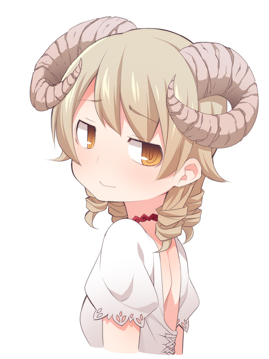 bangs blush breasts brown_eyes closed_mouth cropped_torso curled_horns eyebrows_visible_through_hair horns idolmaster idolmaster_cinderella_girls light_brown_hair long_hair looking_at_viewer looking_to_the_side morikubo_nono puffy_short_sleeves puffy_sleeves ringlets sheep_horns shirt short_sleeves simple_background small_breasts solo ushi white_background white_shirt