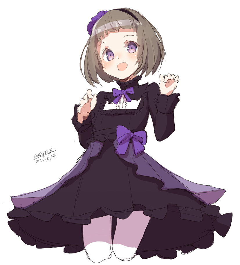 :d bangs black_dress blush bow brown_hair cropped_legs dated dress hands_up head_tilt long_sleeves looking_at_viewer maze_(gochama_ze_gohan) open_mouth original pantyhose purple_bow purple_eyes short_hair signature simple_background sketch smile solo white_background white_legwear